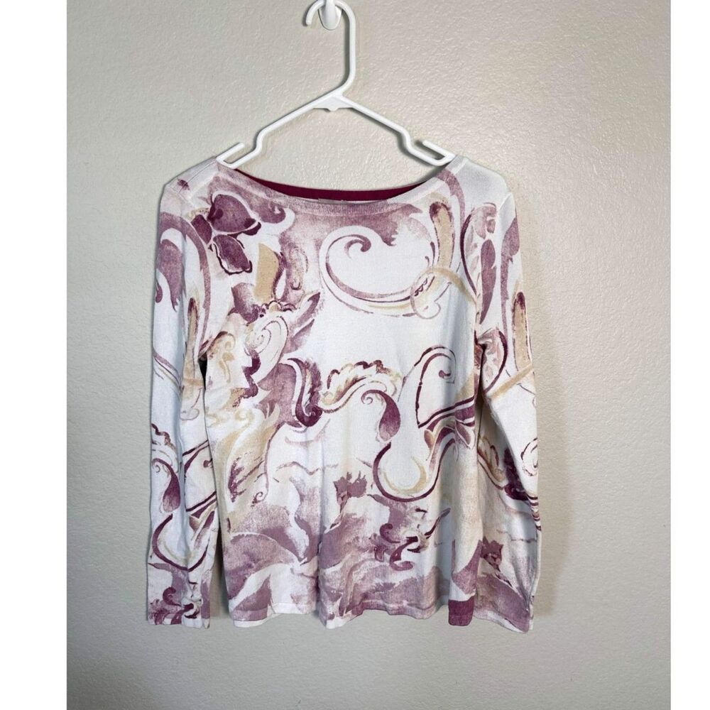 Chico's Scroll Print Bateau Neck Pullover Top Purple Pink Medium Sz 1 Artsy Boho